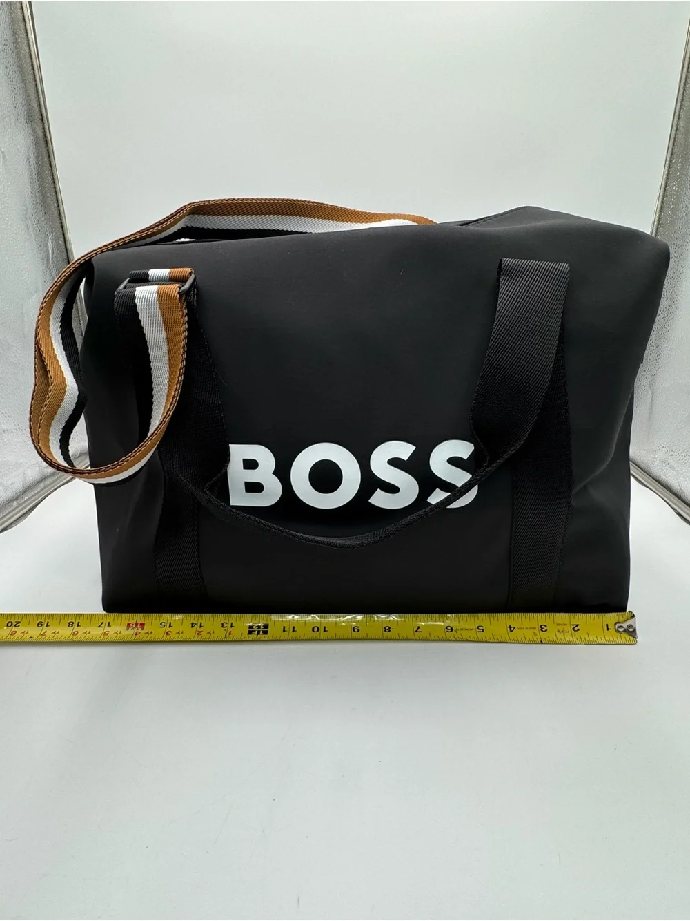 Hugo BOSS Parfums Black Weekender Duffel Travel Gym Bag Striped Handles Zip Tote